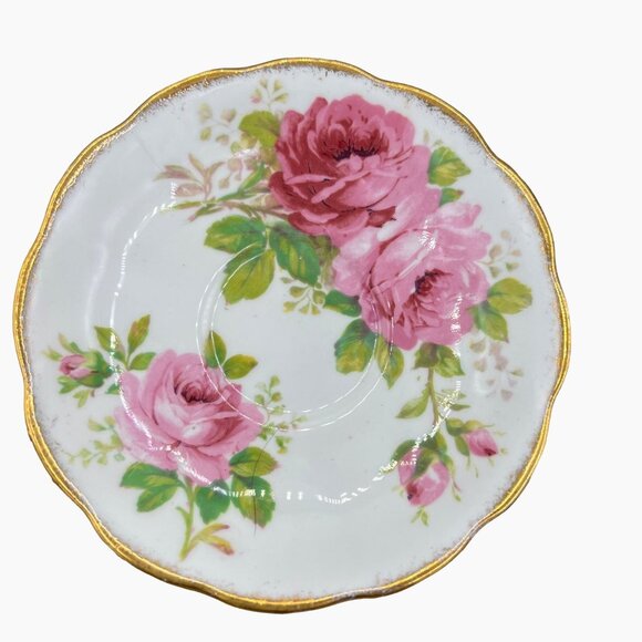 Royal Albert American Beauty Bone China Tea Cup Saucer Pink Green Gilt Floral - Picture 9 of 12